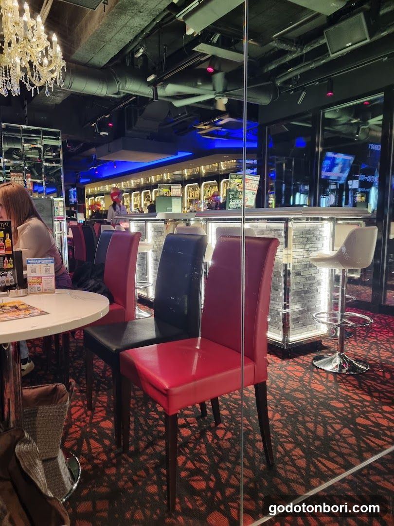 Bar Interior with Red Chairs and Bar Counter