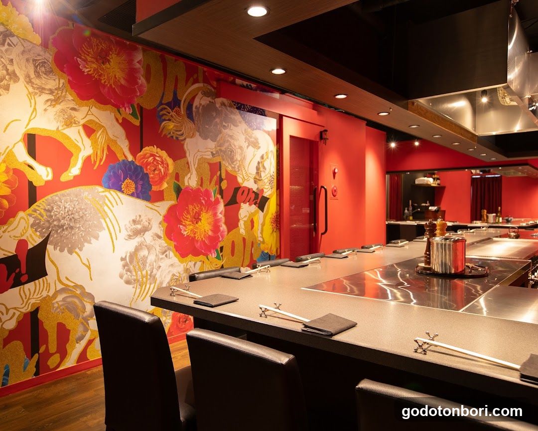 Japanese-style dining interior with vibrant wall art
