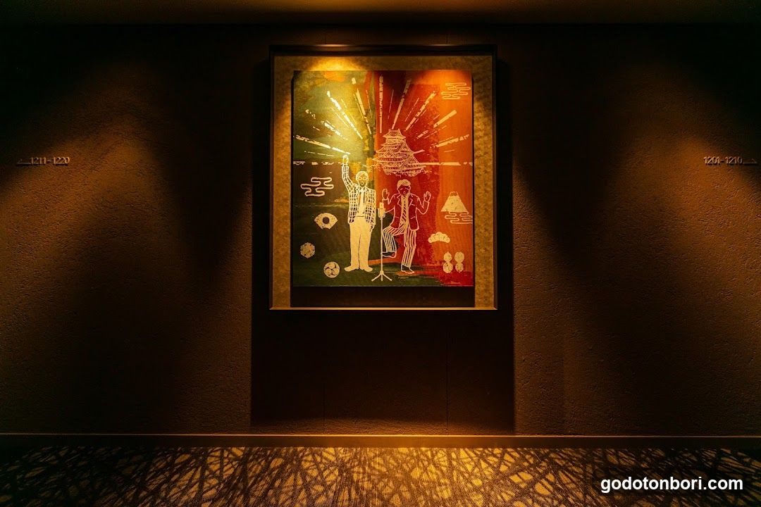 Artwork in a dimly lit corridor