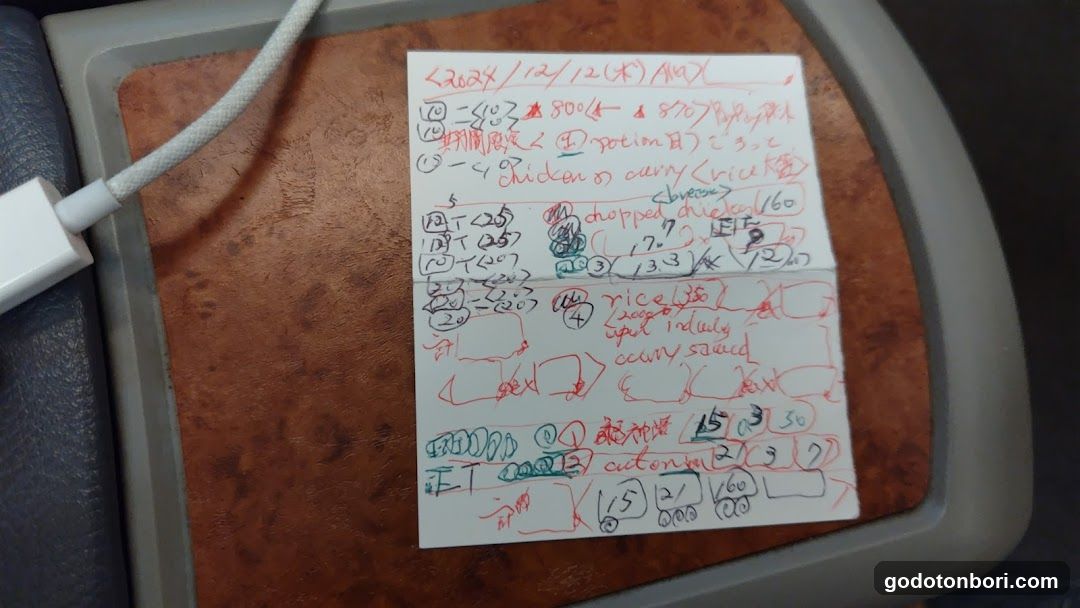Handwritten Meal Notes on Tray Table