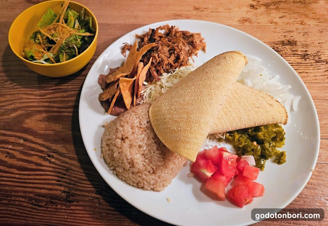 Mexican-style plate with rice, tortilla, and sides