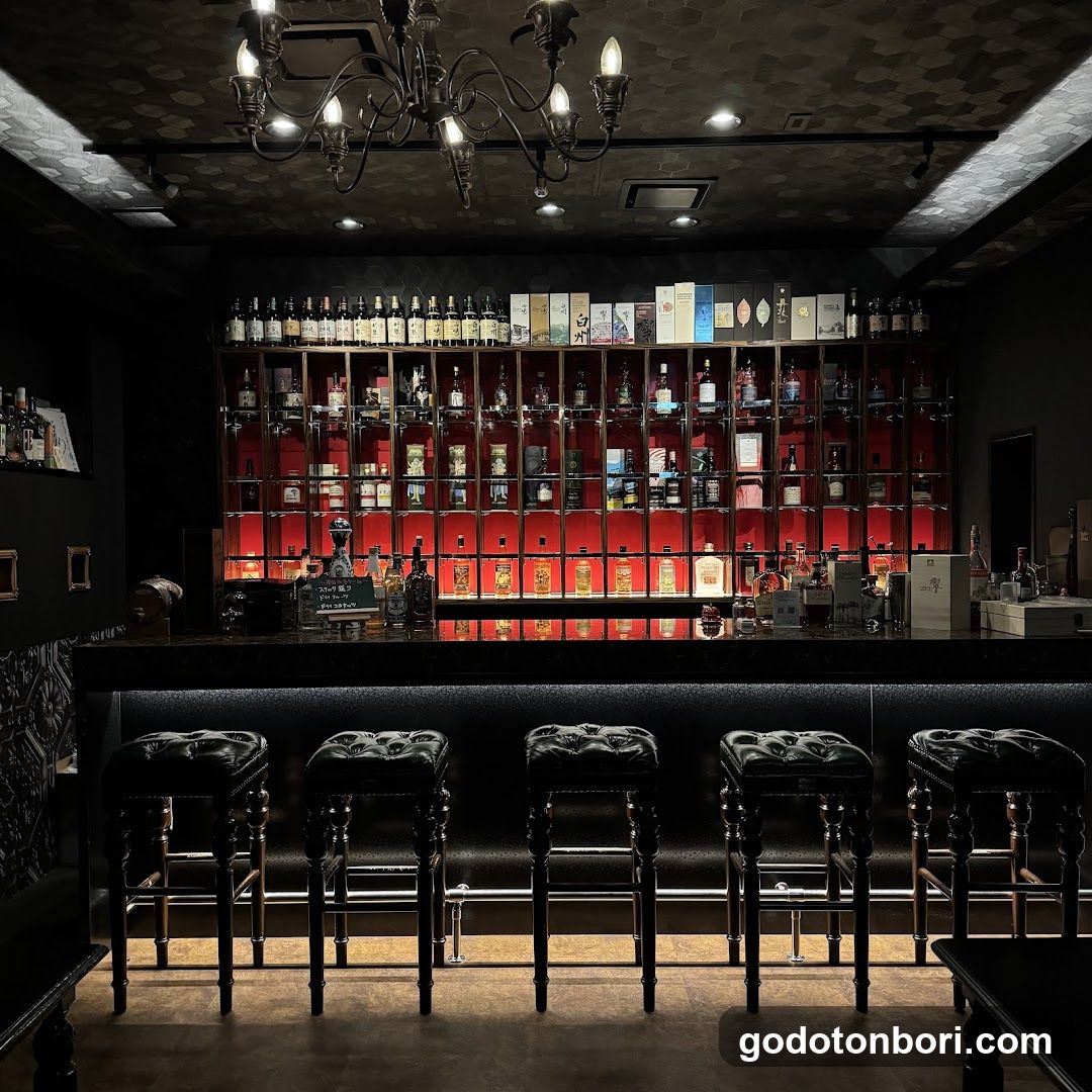 Bar Interior with Shelves and Stools