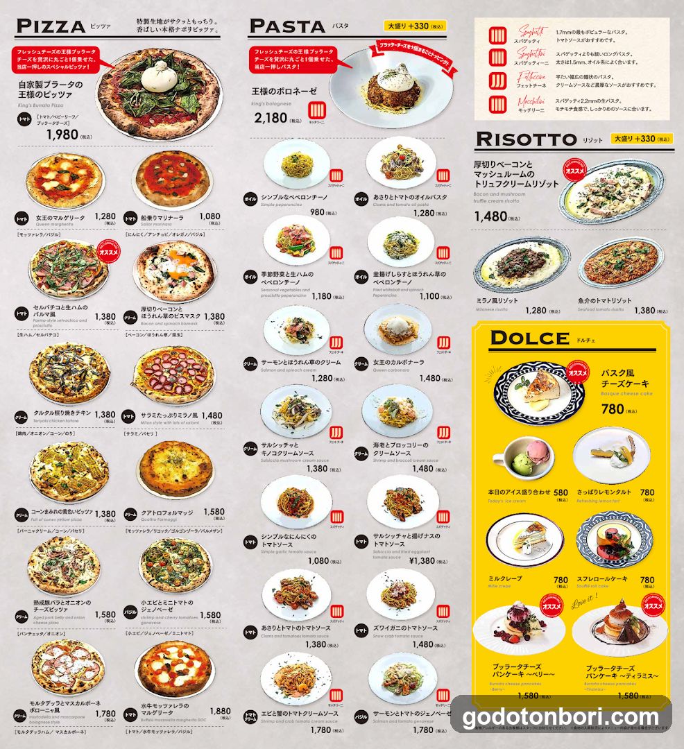 Pizza, Pasta, Risotto, Dolce Menu