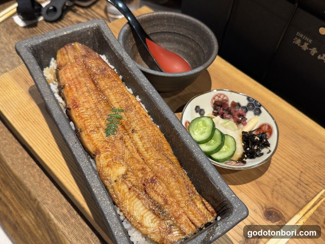 A close-up of a Japanese eel rice bowl (unagi don) served in a rectangular stone dish, topped with grilled eel fillets and garnished with green herbs. Accompanying sides include sliced cucumbers, pickled vegetables, and black sesame seeds in a small patterned bowl. A dark ceramic bowl with a red spoon rests nearby on a wooden table.