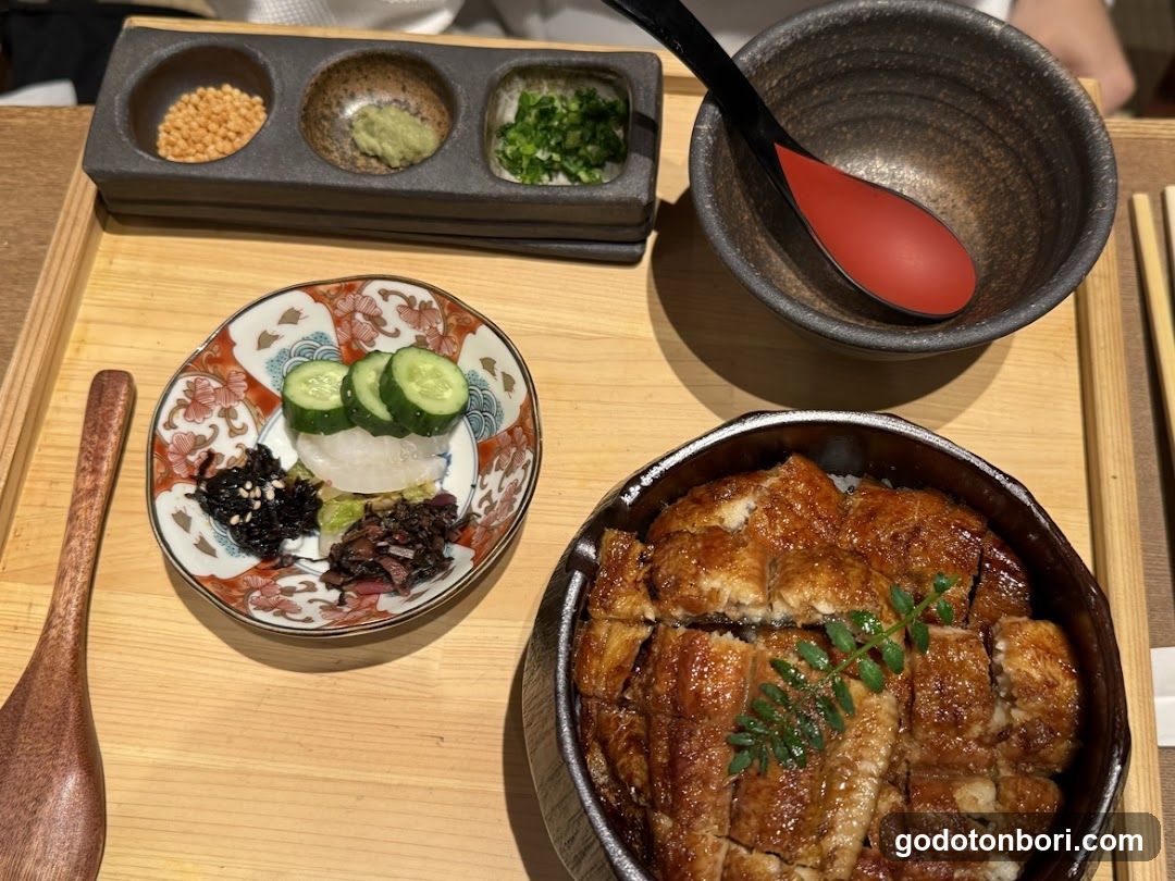 A wooden tray with a variety of Japanese dishes including an onigiri (rice ball) topped with cucumber, seaweed, and pickled vegetables; a katsu don (fried pork cutlet rice bowl); and a small bowl with wasabi and green onions. A black lacquerware dish holds a red spoon.