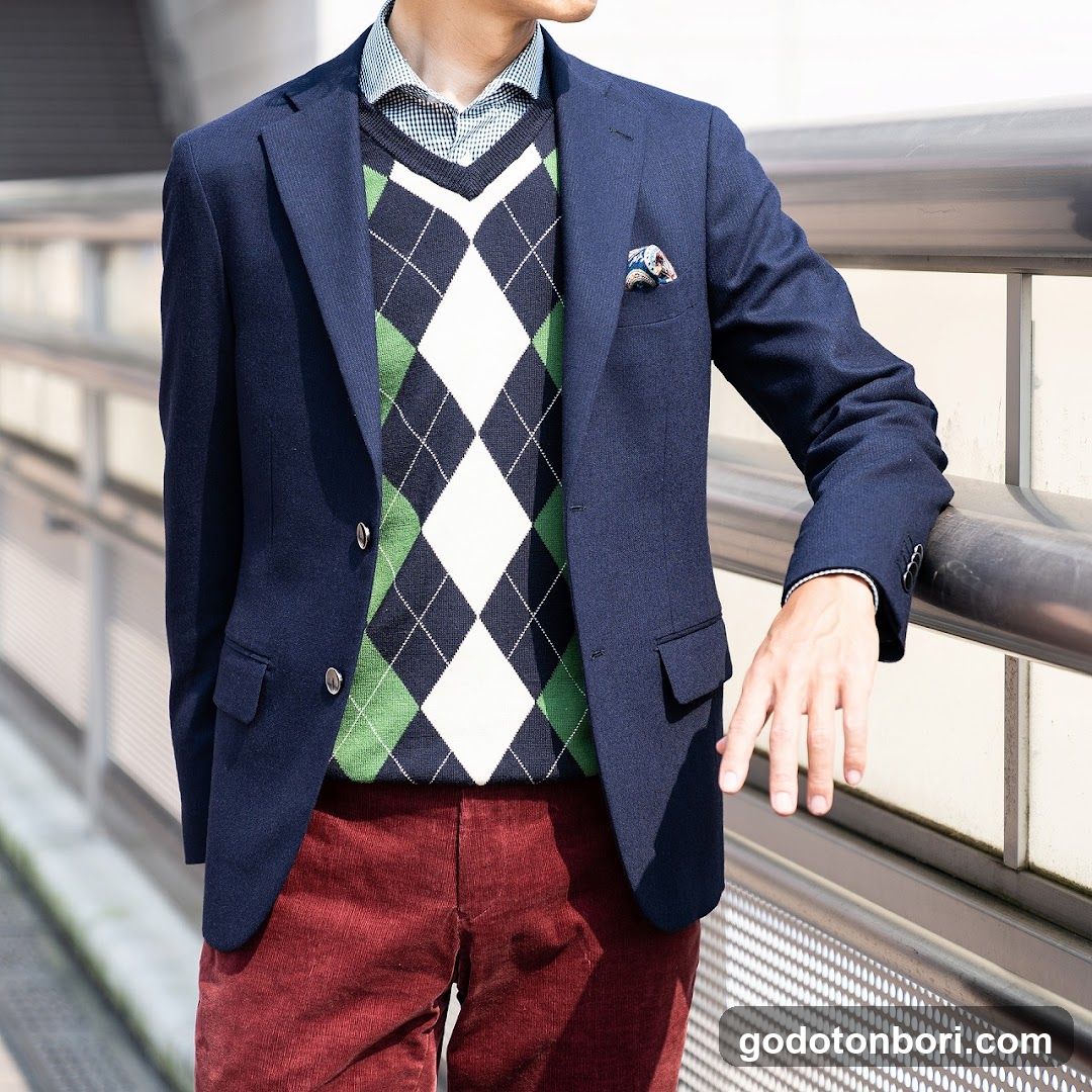 Man in Navy Blazer and Argyle Sweater