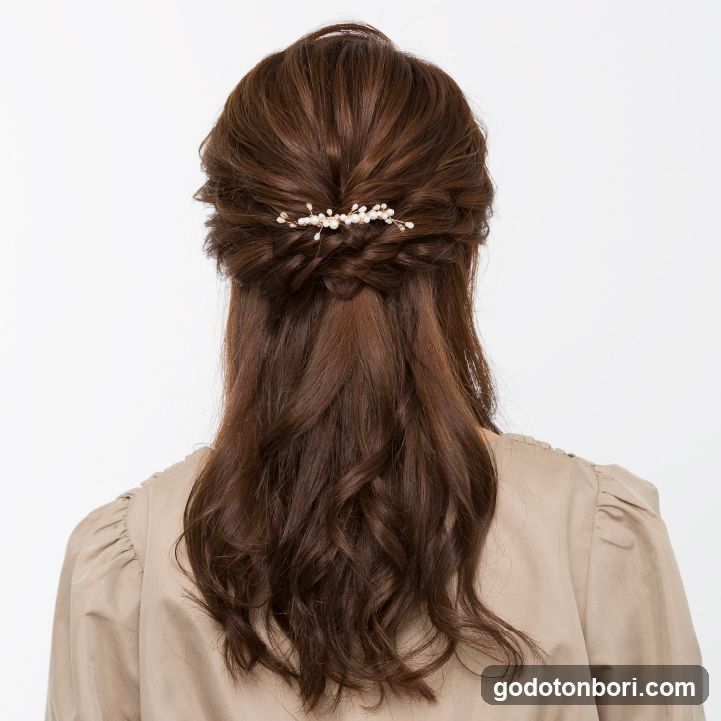 Woman with Half-Up Hairstyle and Pearl Hair Accessory