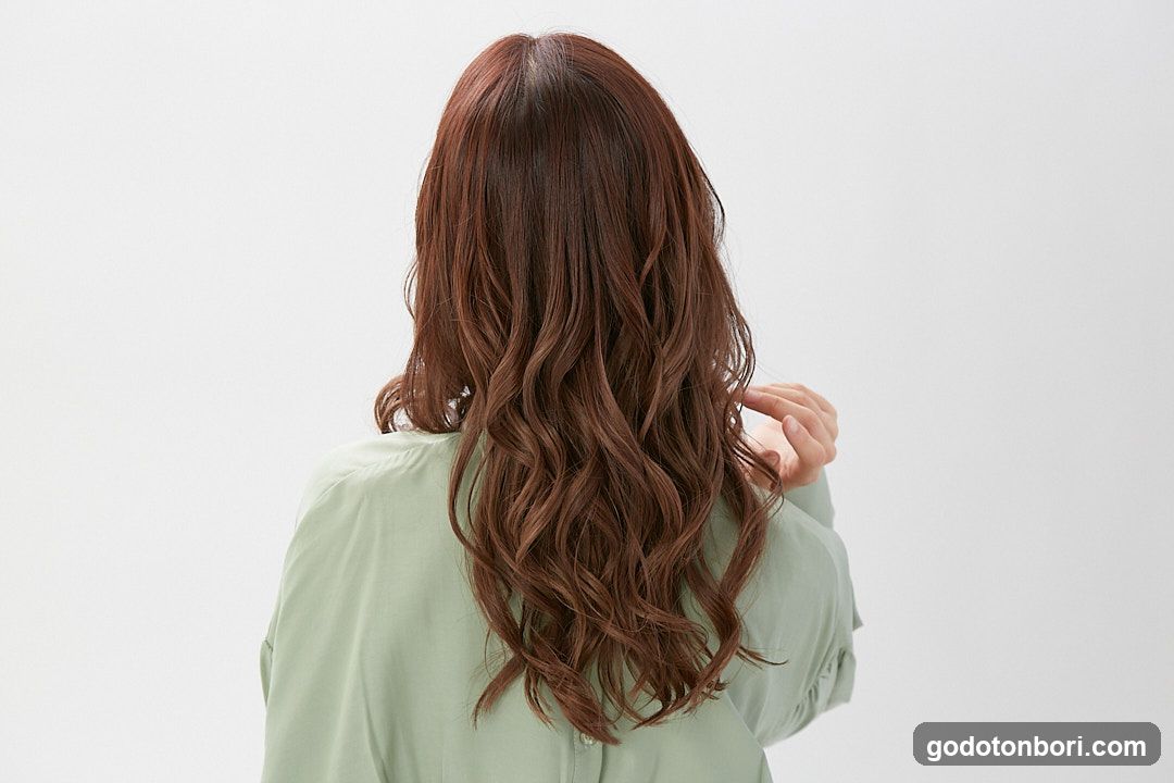 Woman with long wavy brown hair from behind
