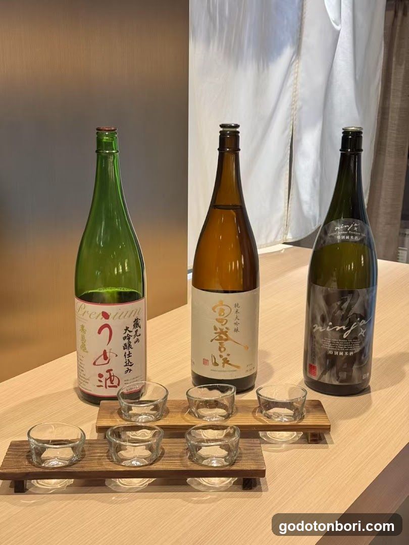 Sake bottles and tasting glasses on a table