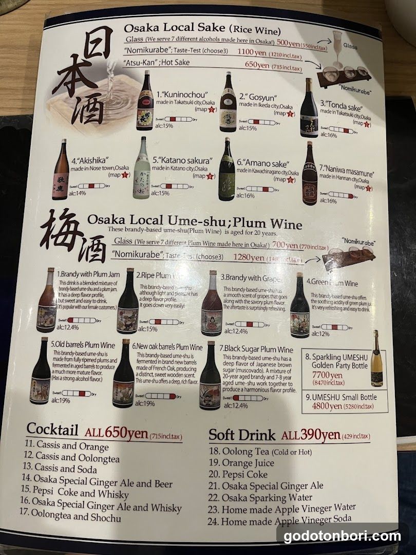 Osaka Local Sake & Plum Wine Menu