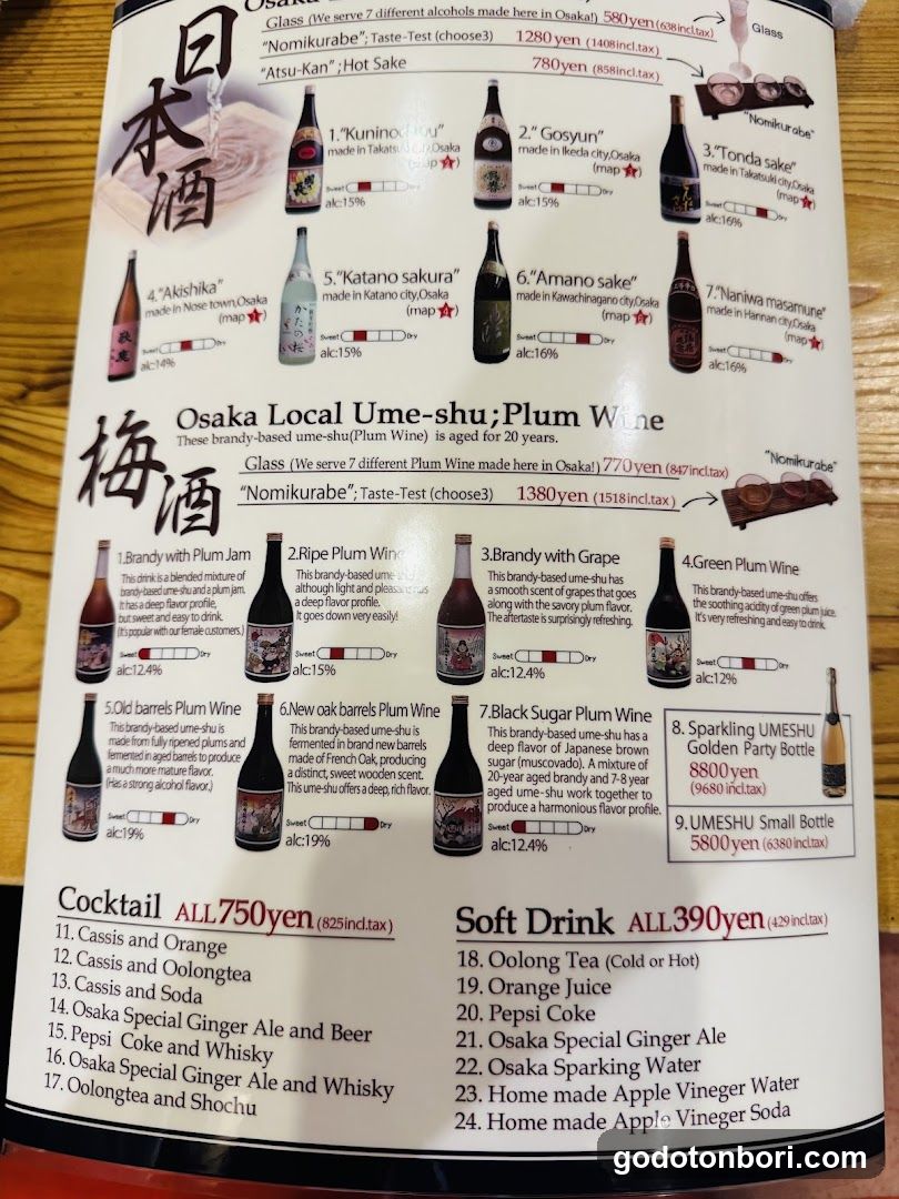 Osaka Local Ume-shu; Plum Wine Menu