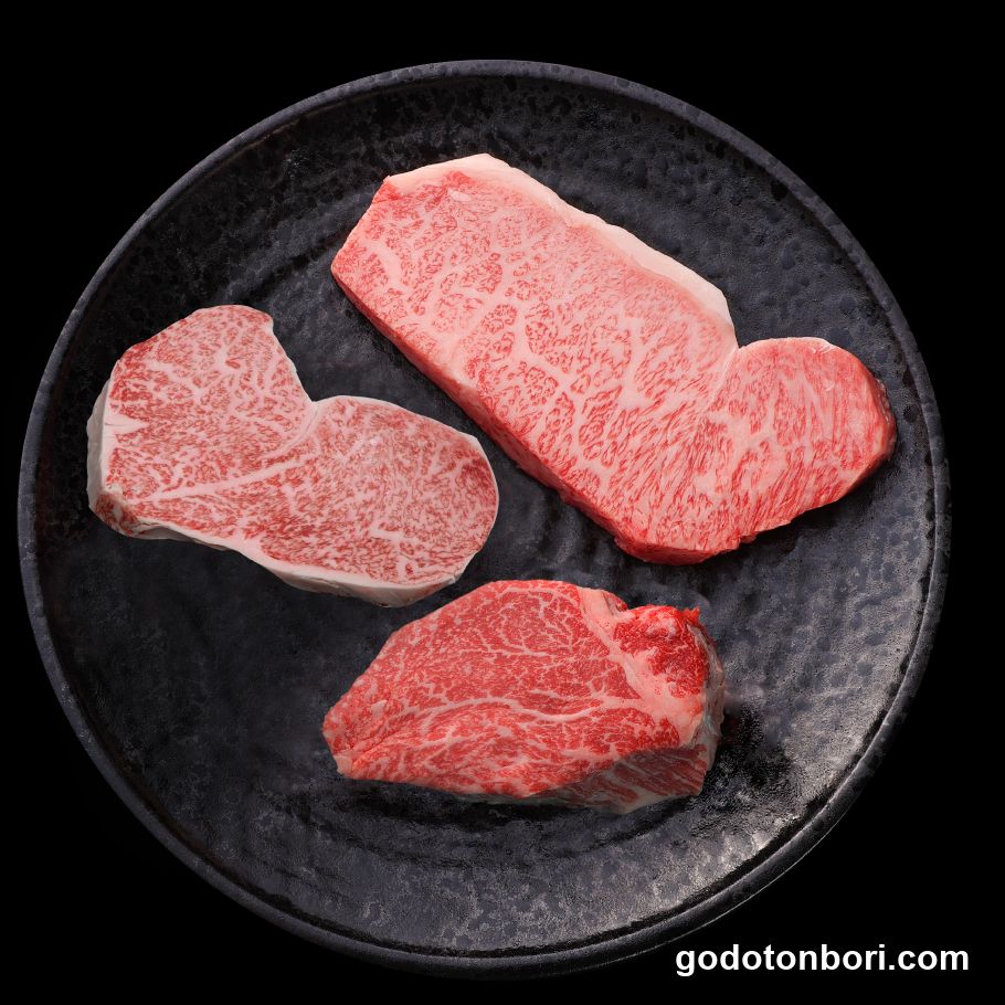 Marbled Beef Steaks on Dark Plate