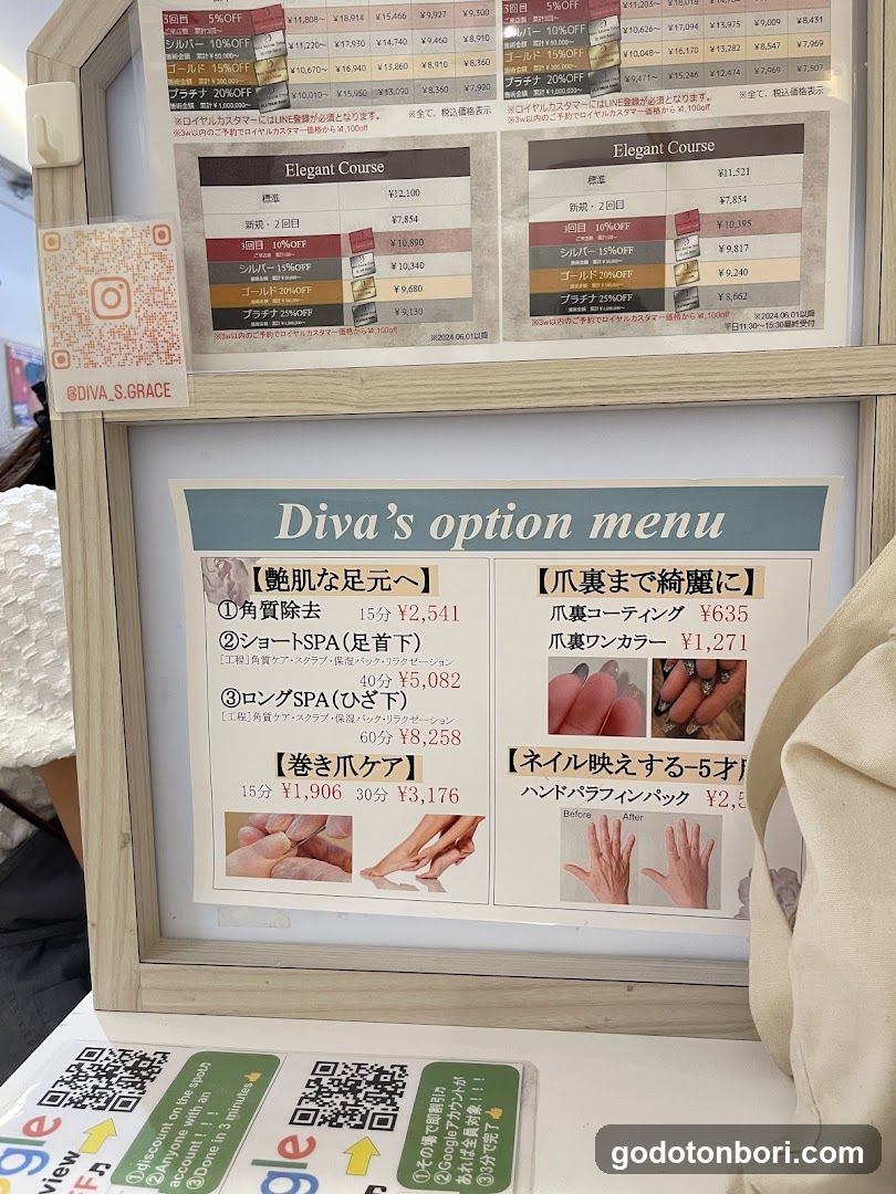A framed menu board displaying various nail care services with prices and descriptions, including 'Elegant Course' options.