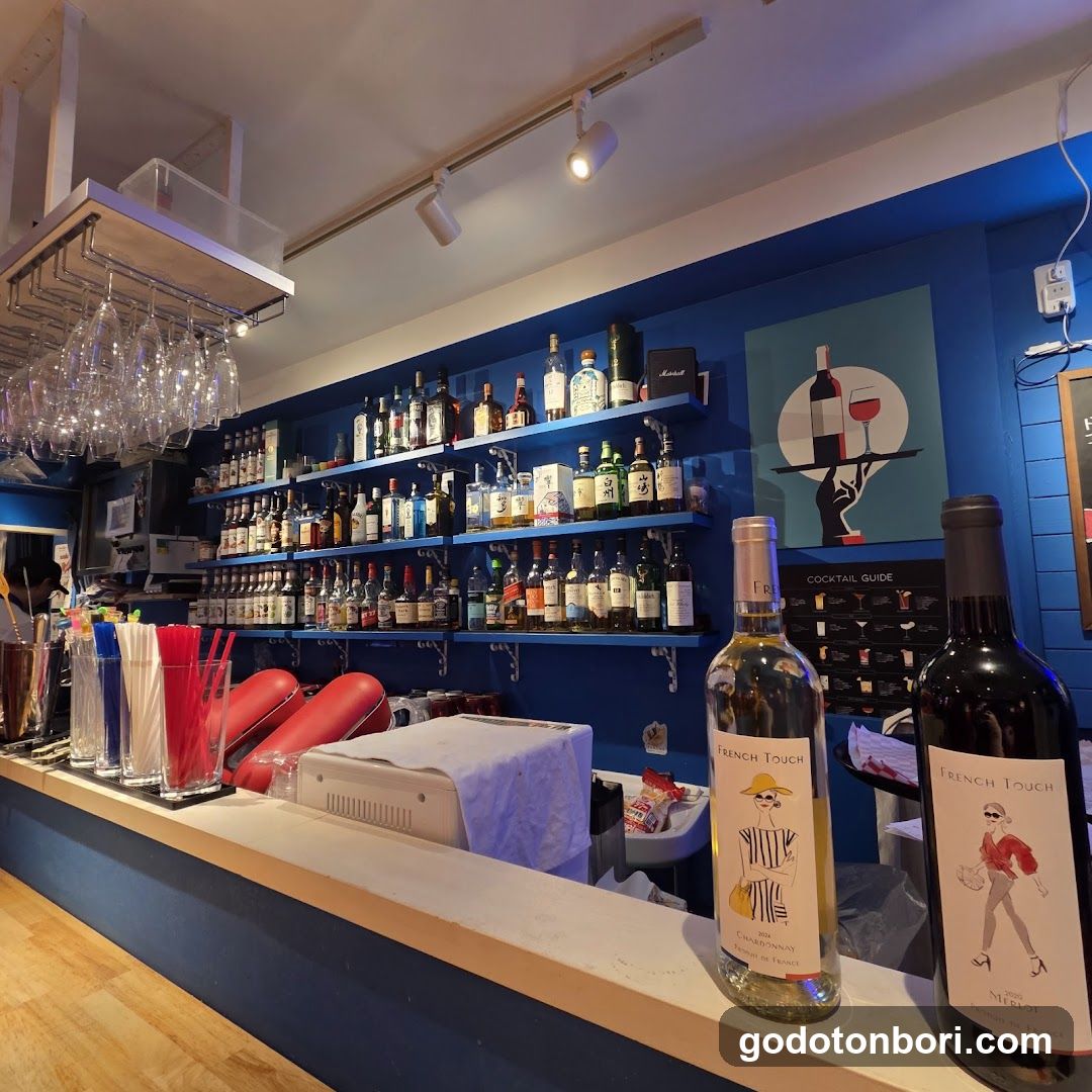 Bar Interior with Wine Bottles and Shelves