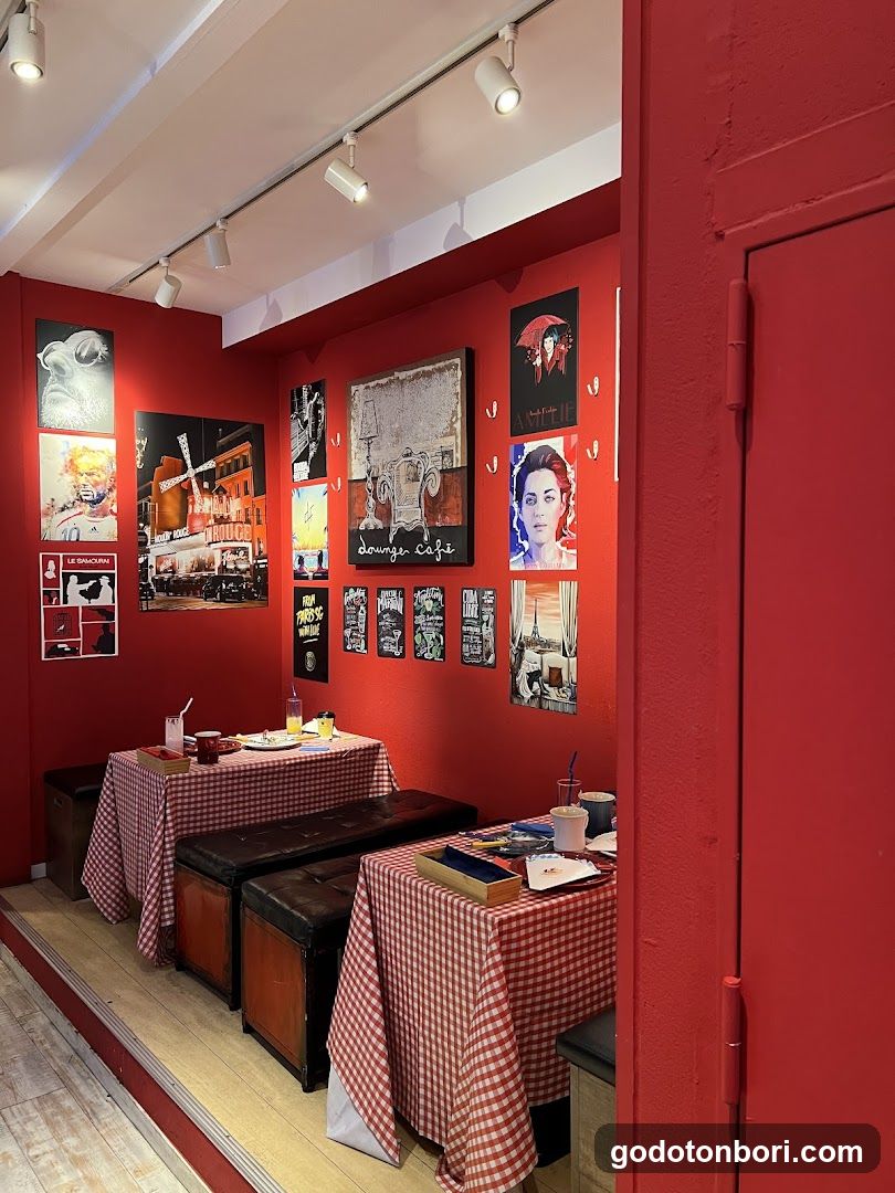 Red Interior with Artwork and Tables