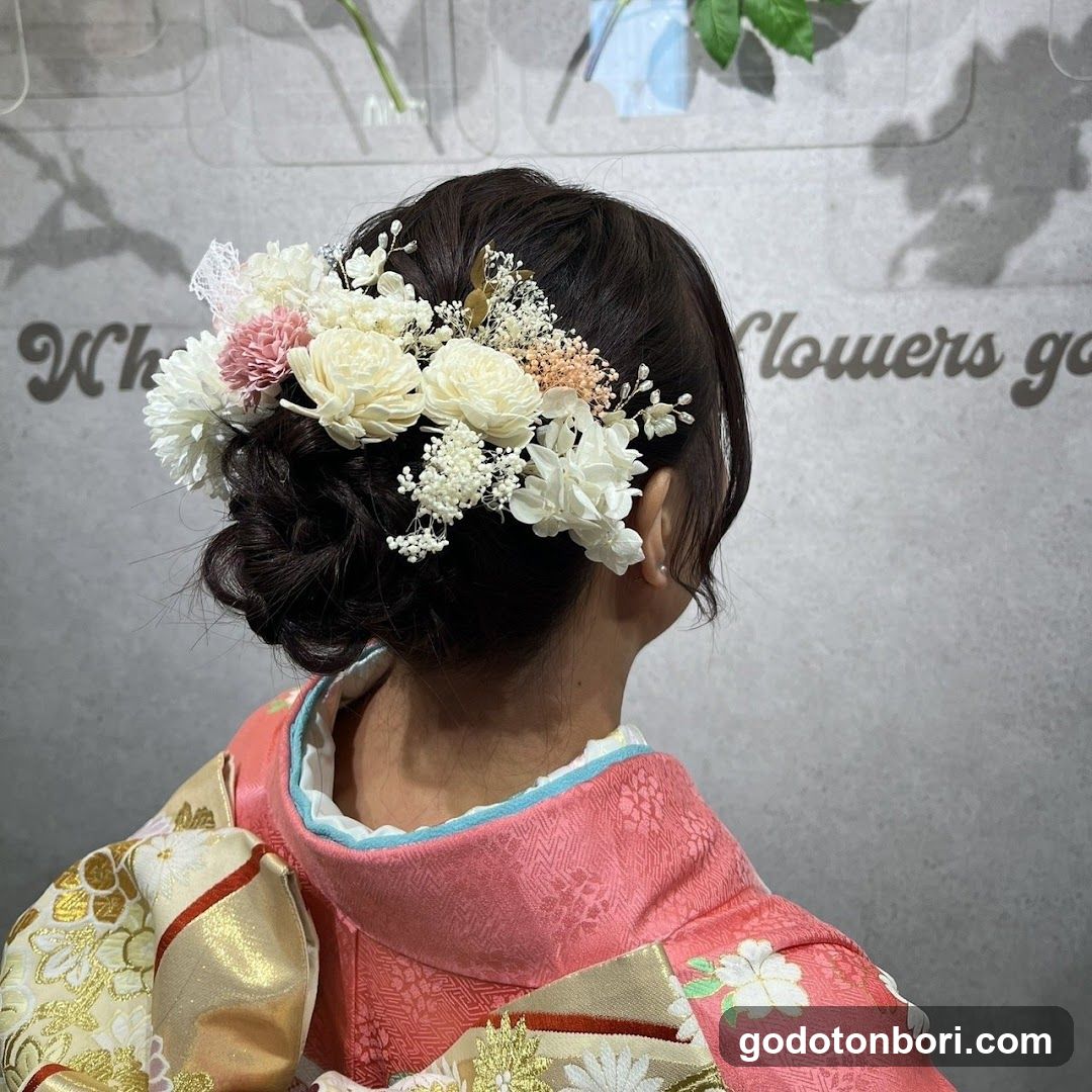 Traditional Japanese Wedding Attire with Floral Hair Ornament