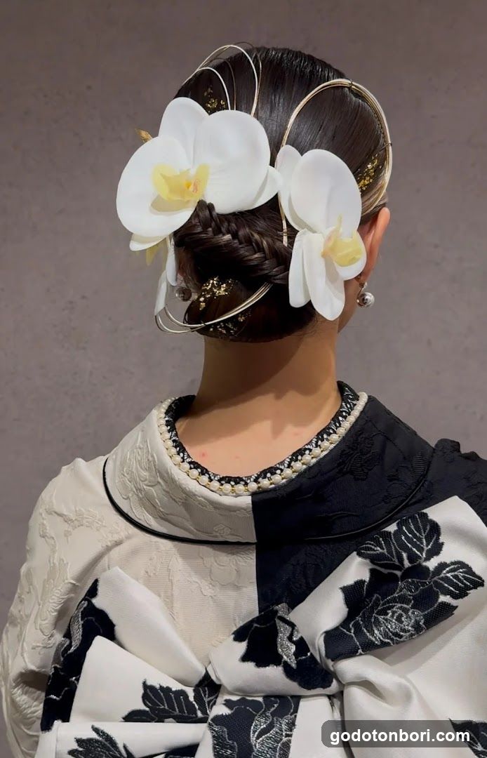 Traditional Japanese Attire with Floral Hair Accessory