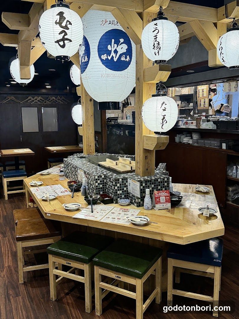 Japanese Restaurant Interior with Lanterns and Cooking Station