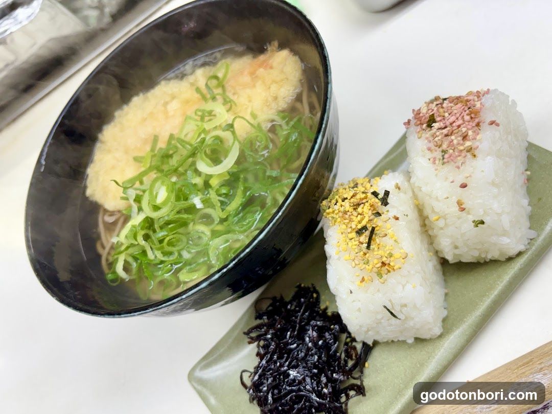 Japanese Meal with Soba Noodles and Rice Balls