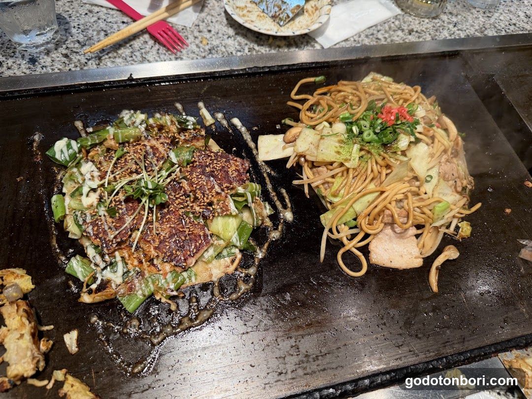 Grilled Okonomiyaki and Noodles on Teppan