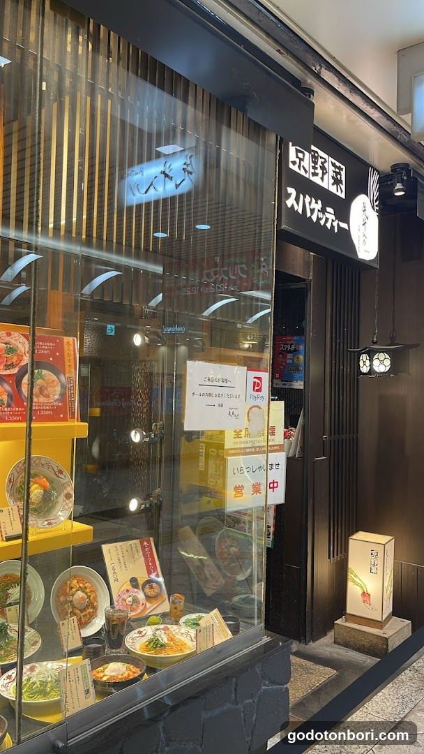 A storefront with a glass display window showcasing various noodle dishes and pasta bowls. The entrance features a sign reading 'Kyo no Soba Spaghetti' in Japanese characters. Inside, there are illuminated shelves displaying food items.