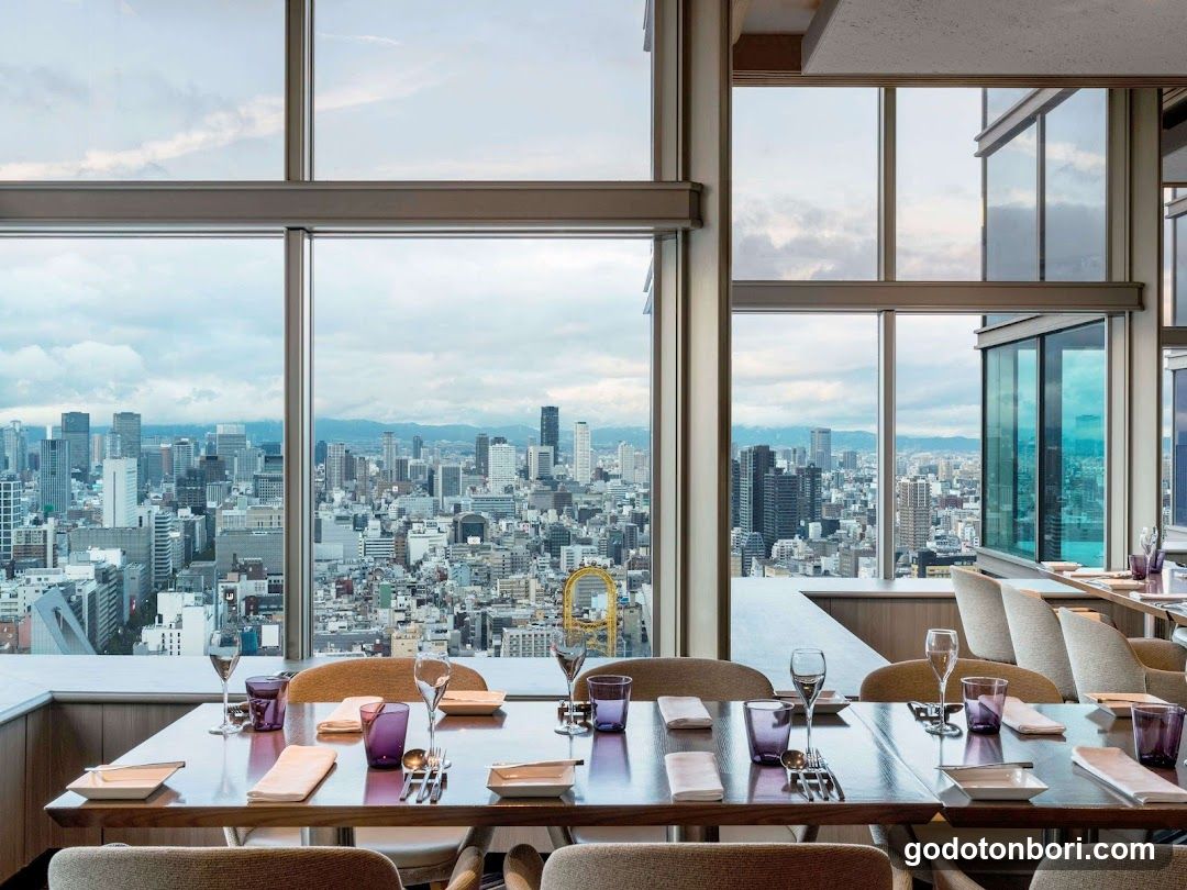 High-rise dining room with city view