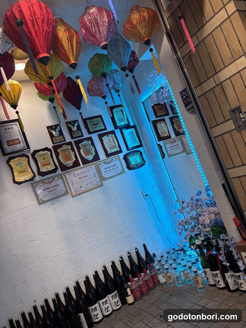 Interior of a shop with awards and lanterns