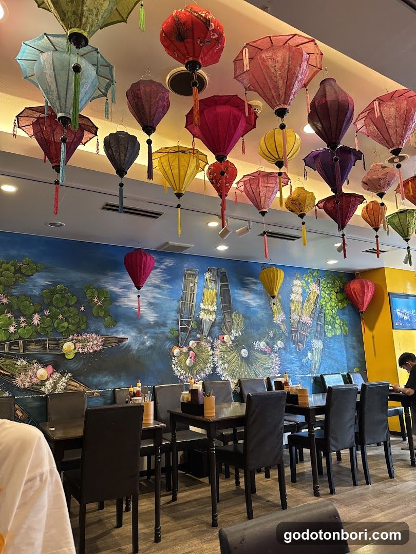 Restaurant Interior with Lanterns and Mural