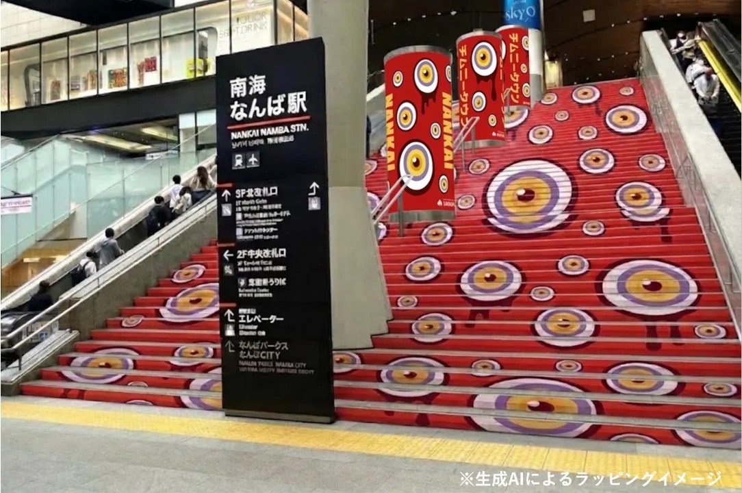 Hyakki Yagyo wrapping on the Namba Station grand staircase