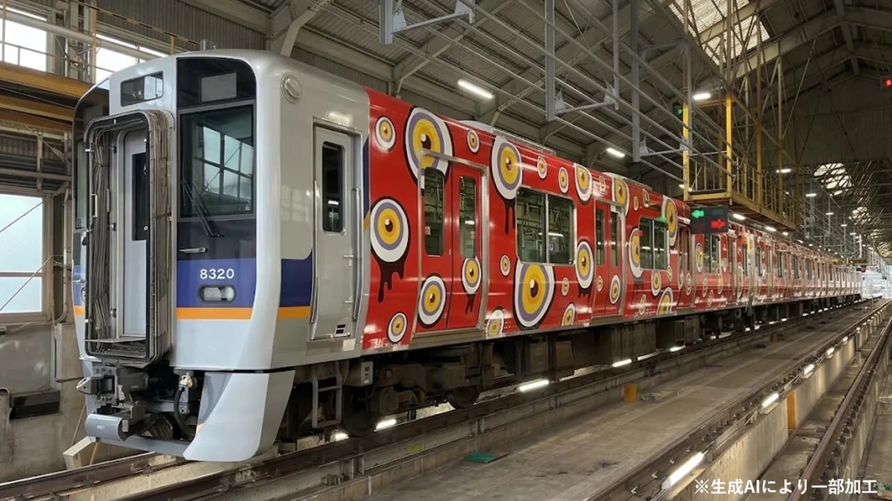 Nankai 8300-series train with Hyakki Yagyo eyeball wrapping
